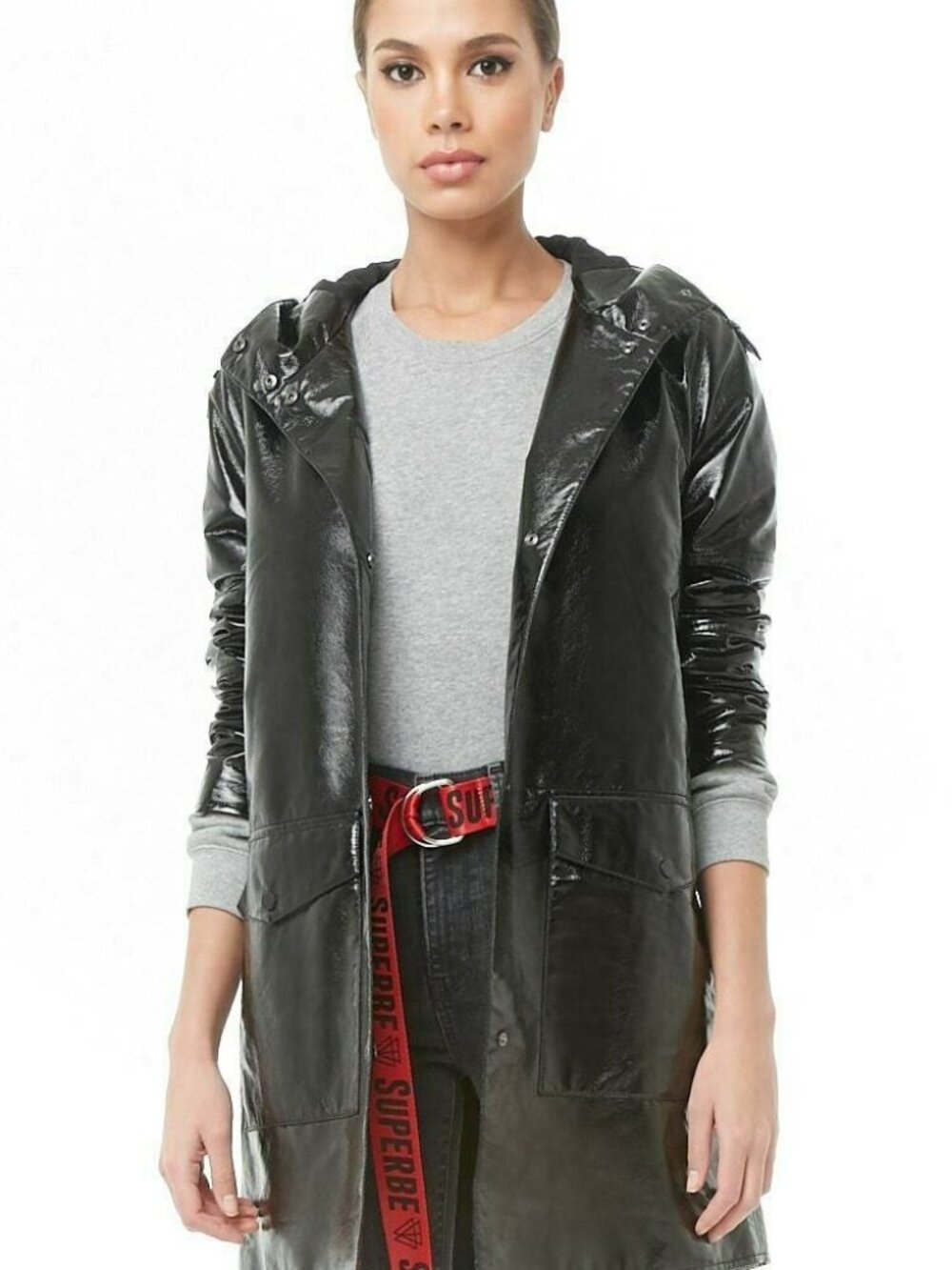 Forever 21 Black Hooded Longline Vinyl jacket Coat Small S